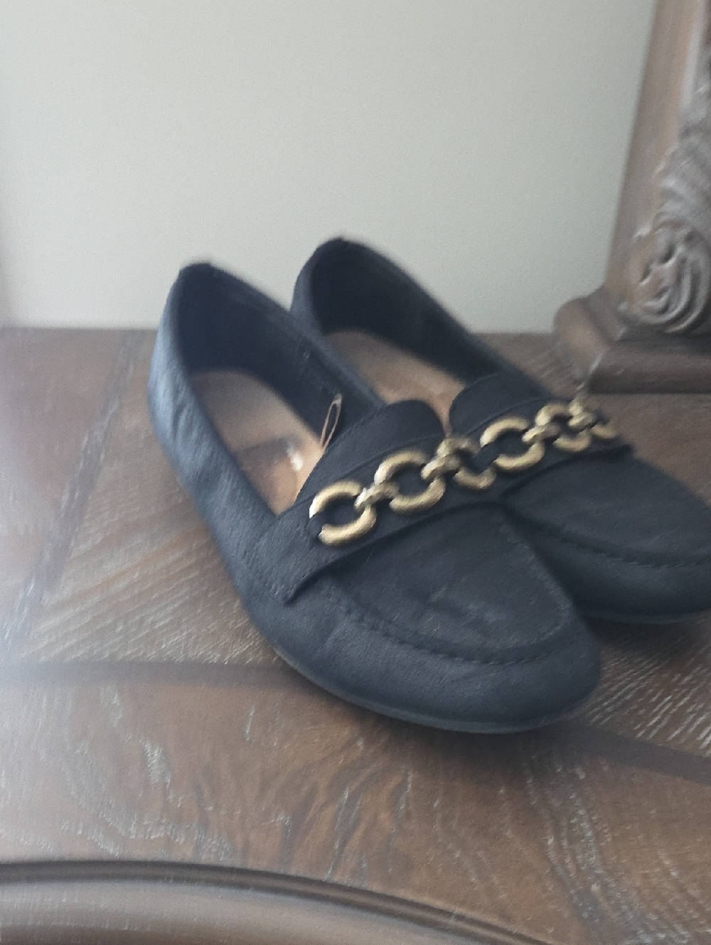 Women's Black Loafers with Gold Chain Accent